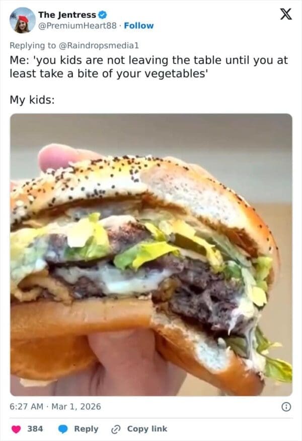 A hilarious McDonalds CEO burger meme comparing the tiny, reluctant nibble taken out of the massive Big Arch sandwich to how kids act when they are strictly forced to take a single bite of their vegetables.