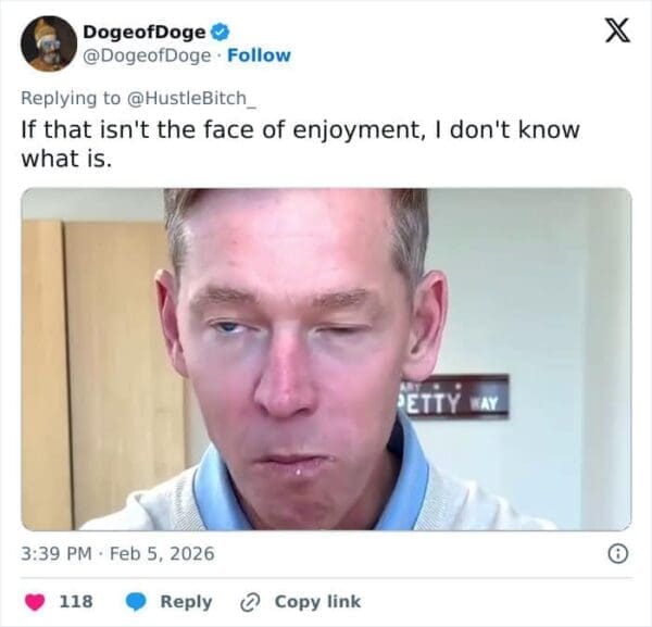 A deeply sarcastic McDonalds CEO burger meme featuring a screenshot of Chris Kempczinski looking completely miserable and strained while chewing, paired with a caption jokingly calling it the absolute face of enjoyment.