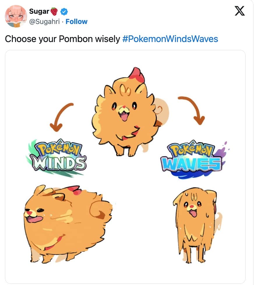 Winds and Waves meme illustrating fake evolutions for the fire starter Pombon, predicting it will either become a massive round fluffball or a pathetic wet dog depending on the game version in this viral Pokemon Winds and Waves reaction.