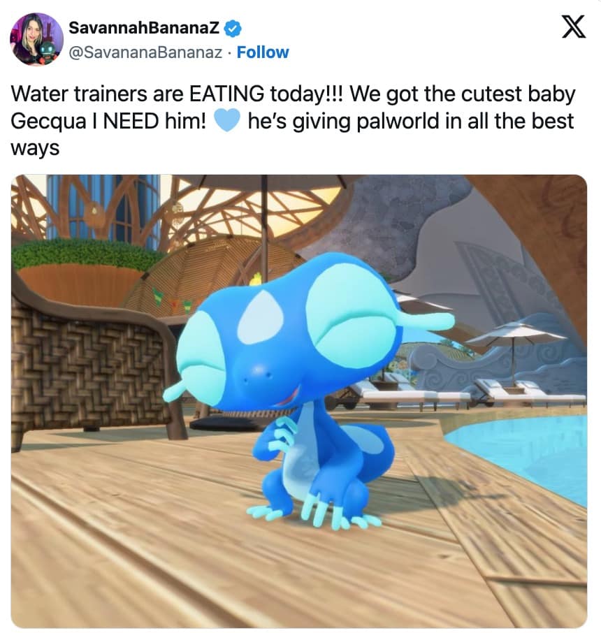 hype-filled Pokemon Winds and Waves meme celebrating the new water starter Gecqua with an in-game screenshot of the cute blue gecko, accompanied by a tweet claiming it gives off great Palworld energy in this positive Pokemon Winds and Waves reaction.