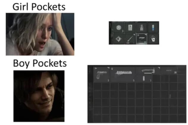 A "Girl Pockets vs. Boy Pockets" RE9 meme comparing Grace Ashcroft’s tiny, cluttered inventory of herbs and keys to Leon Kennedy’s massive, organized grid filled with heavy weaponry and magnums.
