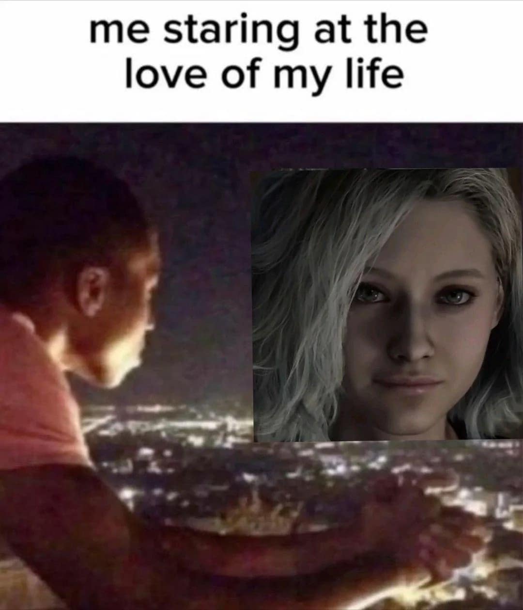 A "love of my life" RE9 meme featuring a man staring out at a city skyline where a giant, ethereal image of Grace Ashcroft appears, highlighting the fanbase's immediate attachment to the new protagonist.