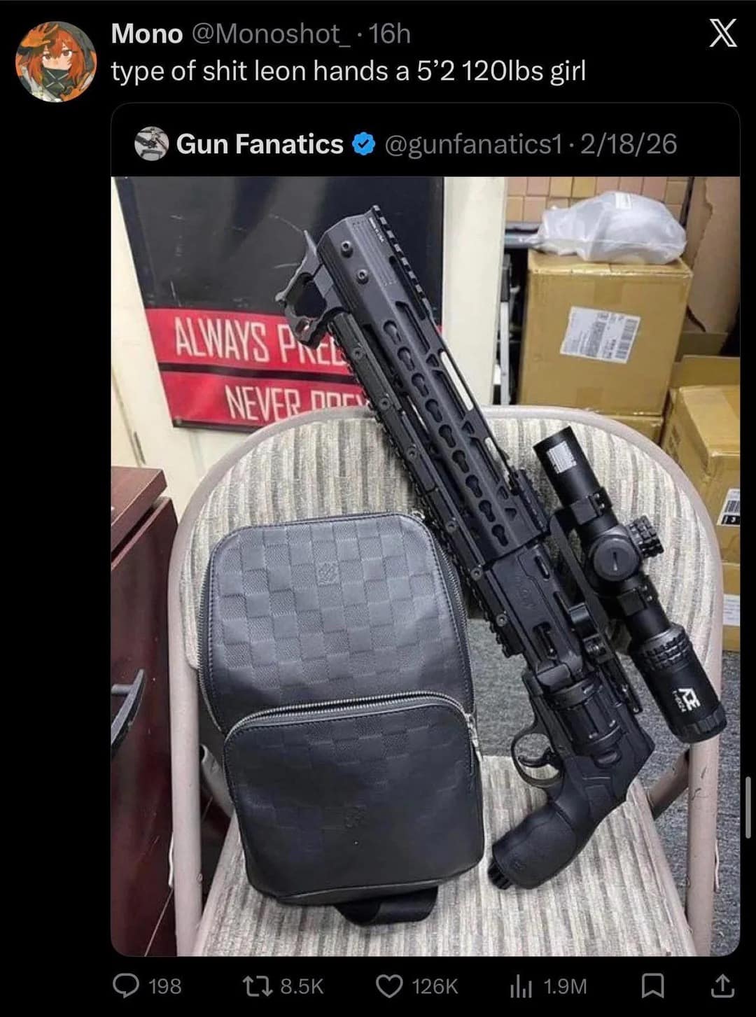 Twitter-style RE9 meme showing a massive, scoped tactical revolver sitting on a chair with the caption "type of shit Leon hands a 5’2 120lbs girl," referencing Leon's tendency to give Grace overpowered weaponry.