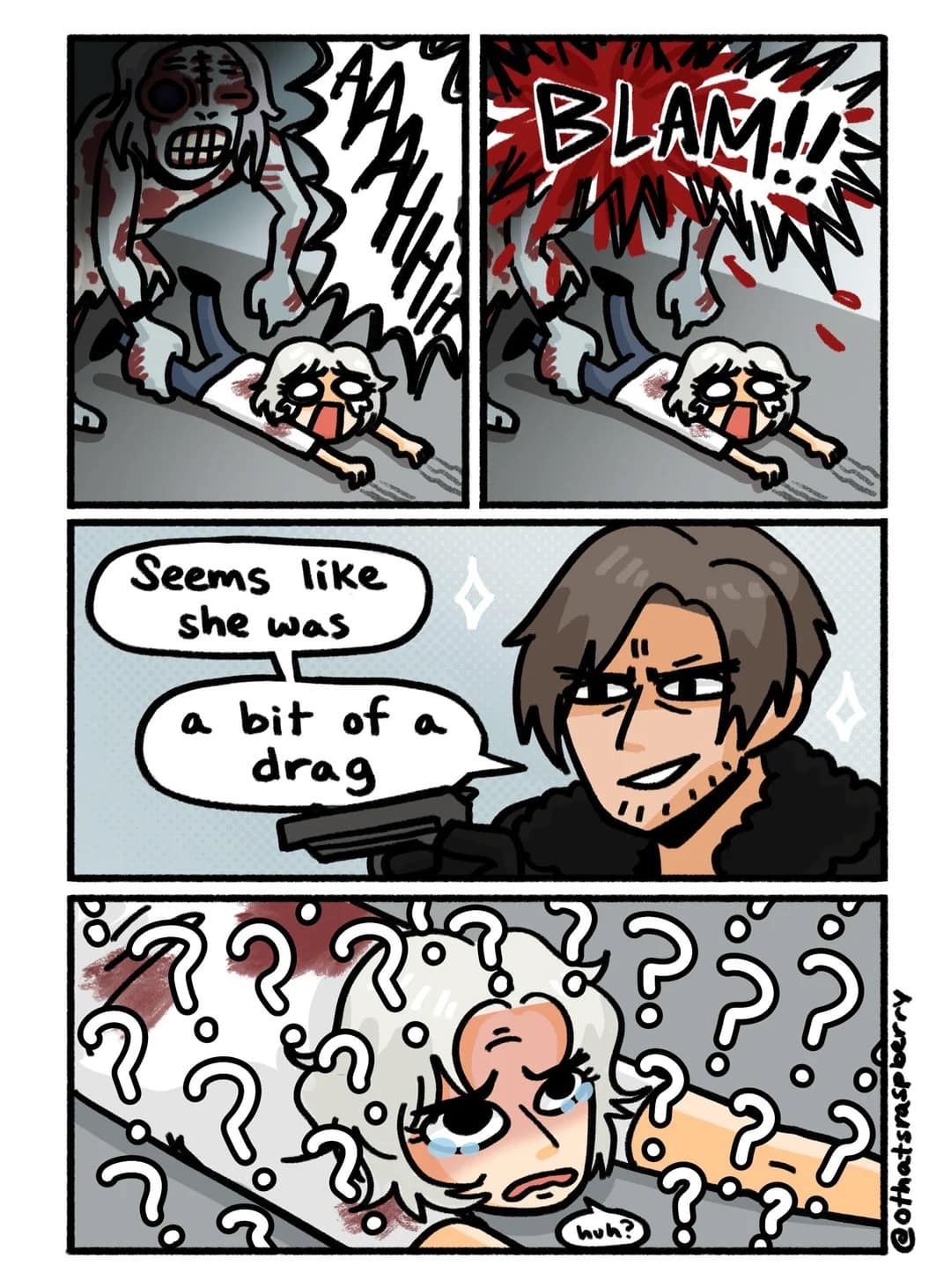 hilarious comic-style RE9 meme where a monster drags Grace away while Leon kills it and delivers a cheesy pun—"Seems like she was a bit of a drag"—leaving a traumatized Grace completely confused by his action-movie one-liners