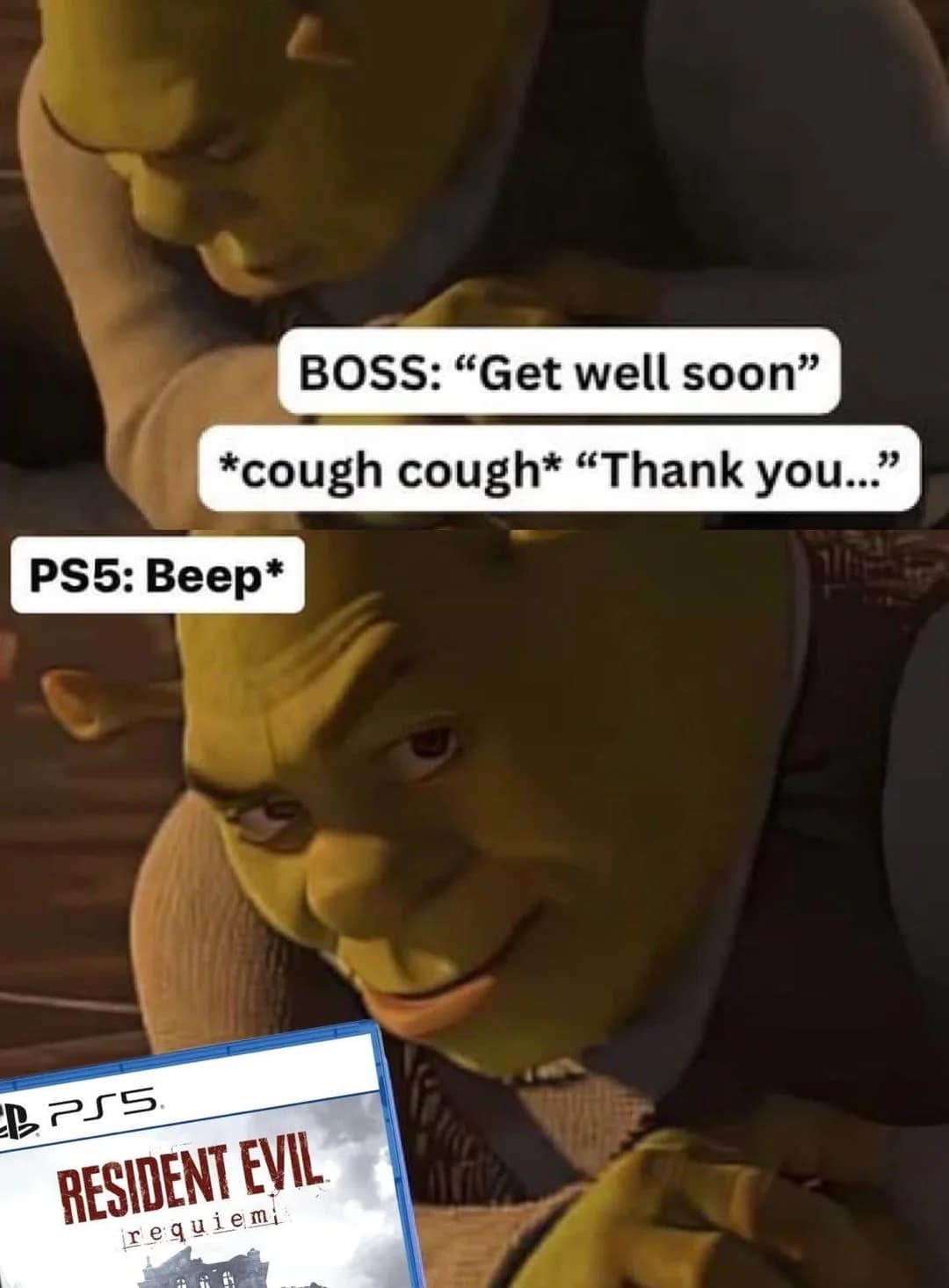 Shrek Resident Evil Requiem meme showing Shrek faking a cough to his boss on the phone while secretly eyeing his PS5 copy of the game, perfectly capturing the "calling in sick on launch day" gamer energy.