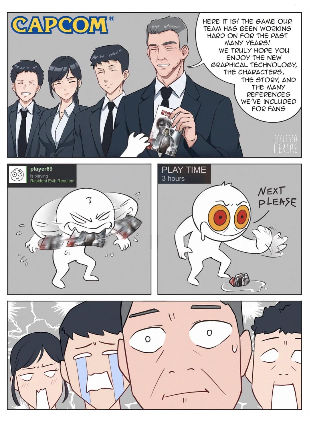 A "developer vs. player" comic where Capcom staff proudly present their years of hard work on Resident Evil: Requiem, only for a crazed fan to devour the game in 3 hours and immediately scream "Next please!" in this relatable Resident Evil Requiem meme.