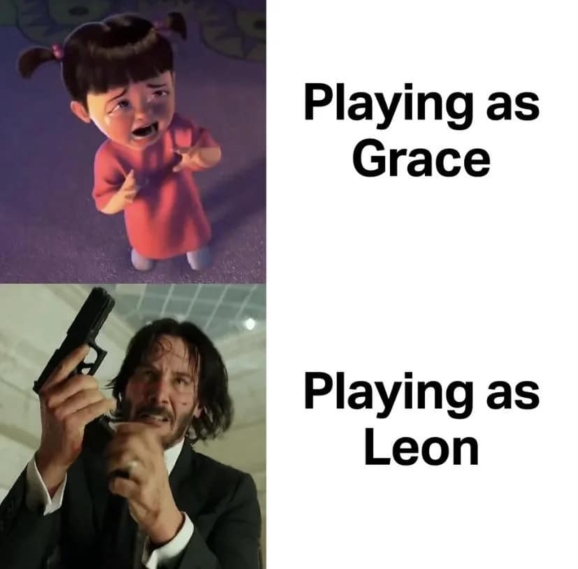 comparison Resident Evil Requiem meme using Boo from Monsters Inc. to represent the terrifying experience of playing as the vulnerable Grace Ashcroft versus John Wick representing the absolute carnage of playing as Leon Kennedy