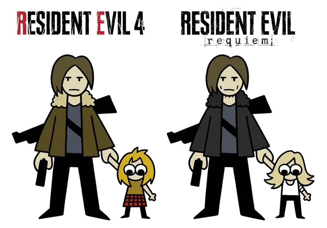 side-by-side RE9 meme in a minimalist art style comparing Resident Evil 4, where Leon protects Ashley, to Resident Evil Requiem, where a slightly older Leon is now protecting the new protagonist, Grace, in a recurring "babysitter" theme