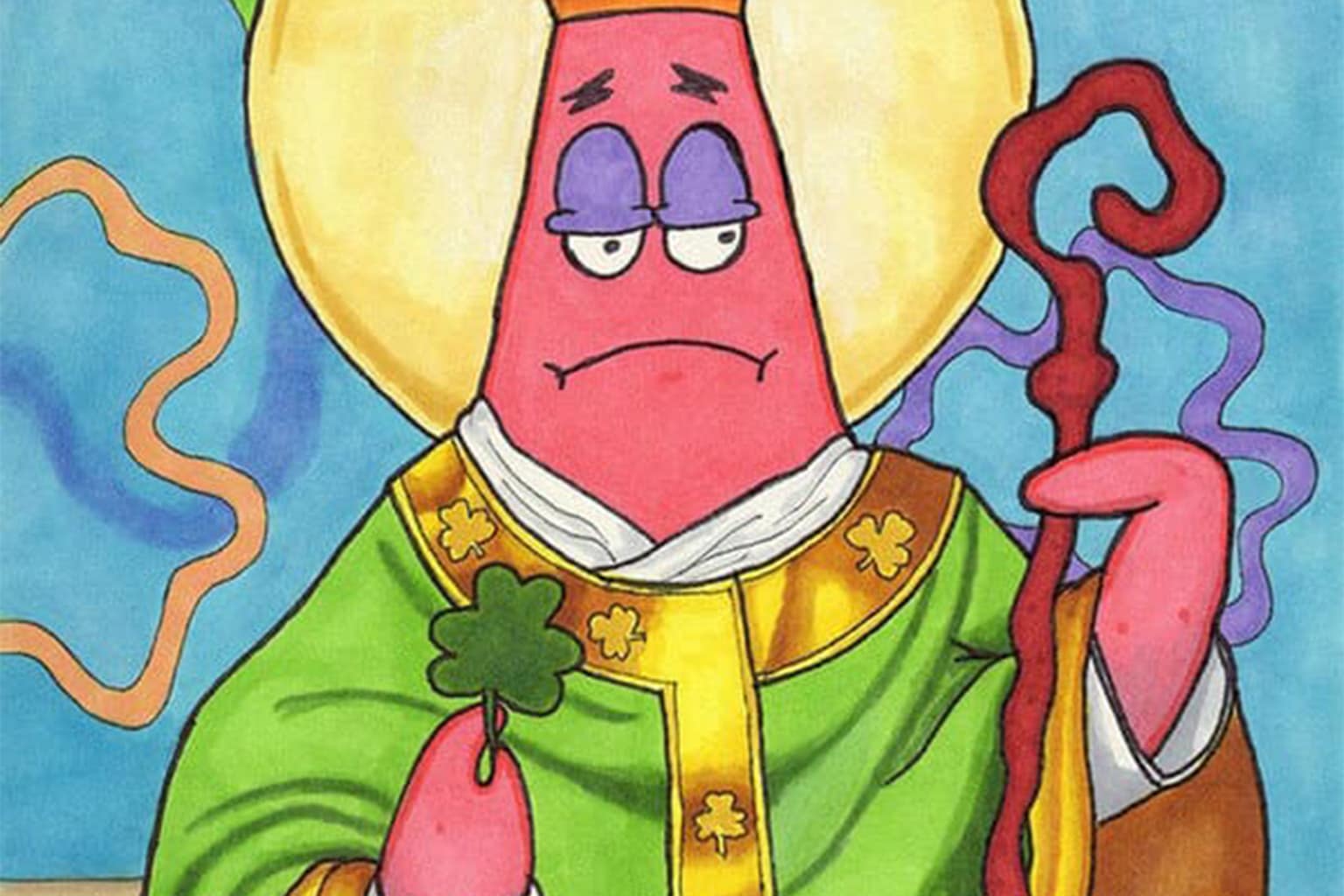 St Paddys memes compilation: A collage featuring Willem Dafoe’s face edited onto a leprechaun body, a chaotic living room scene labeled "Irish Yoga," and an artistic rendering of Patrick Star from SpongeBob as a somber Saint Patrick.