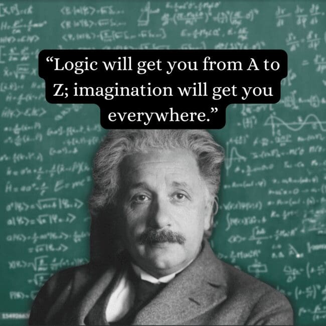 Contrasting linear thinking with total creative freedom, this albert einstein quote highlights the limitless reach of imagination, positioned over a classic bust-style portrait of the iconic figure and a sea of green-tinted equations.