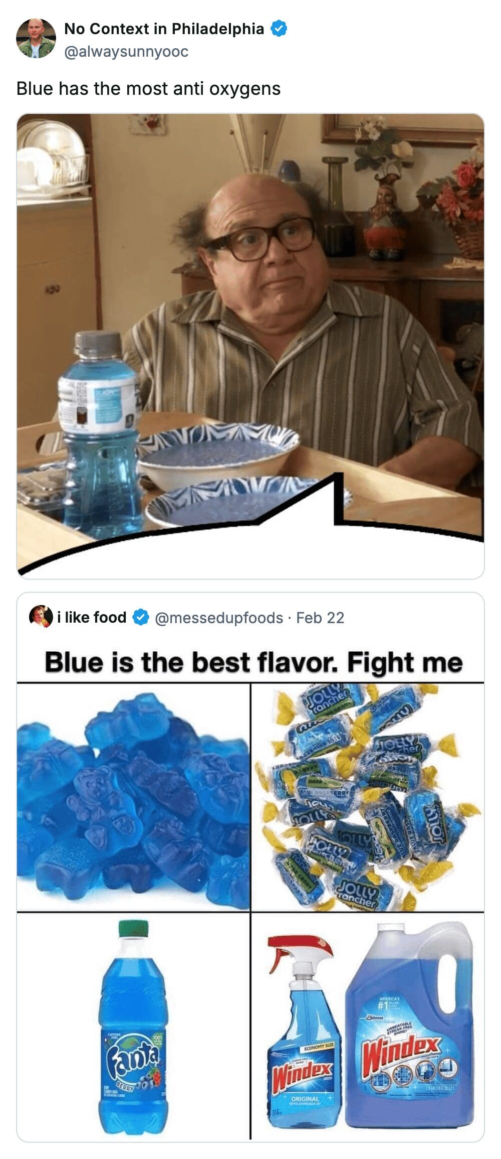 Frank Reynolds sitting at a table with blue food and drink, labeled as having anti-oxygens.