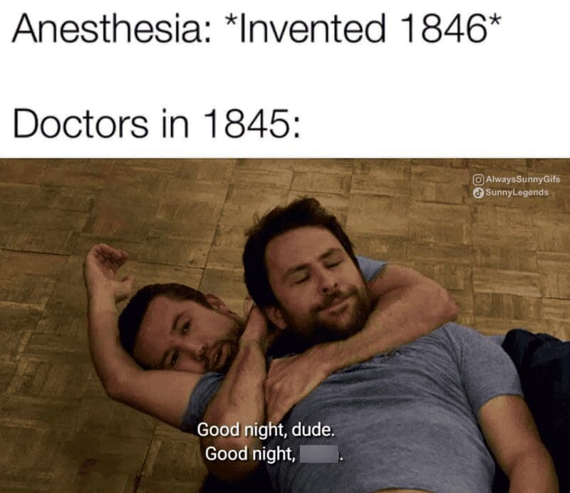 Mac putting Charlie in a sleeper hold to illustrate medical anesthesia techniques used in the year 1845.