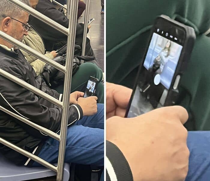 The unsettling reality of being filmed without consent is captured as a man sneakily points his phone camera at a fellow passenger, a creepy violation from annoying people on public transit.