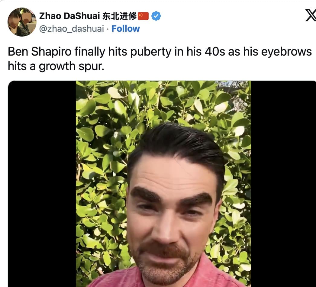 Ben Shapiro's eyebrows reaction post from Zhao DaShuai joking that Shapiro is finally hitting a "growth spurt" or late-onset puberty in his 40s that has manifested entirely in his eyebrows.