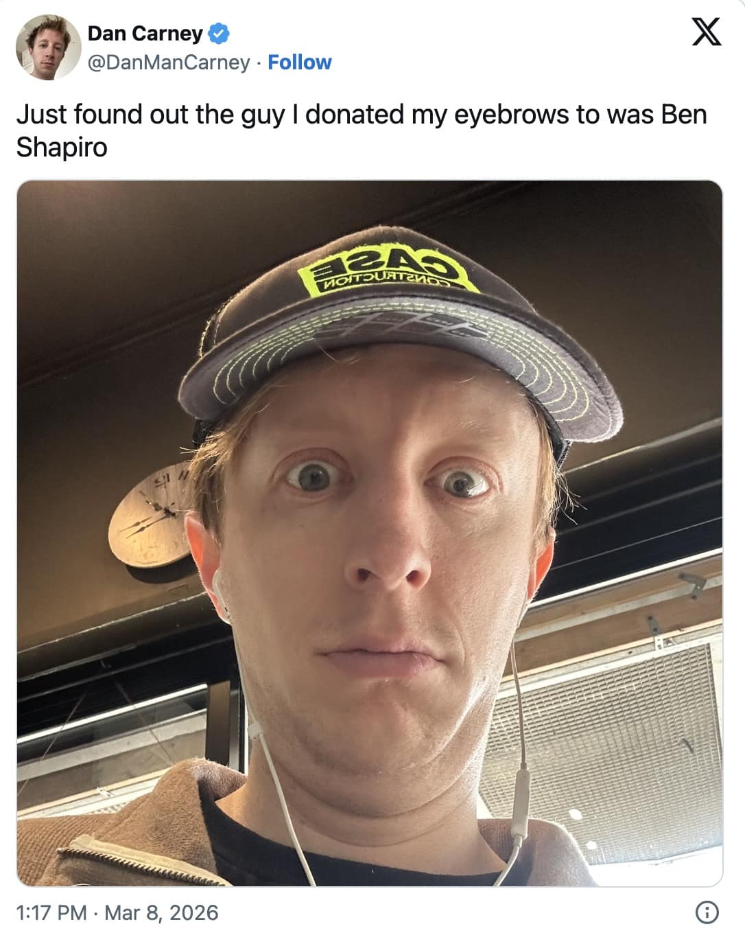 funny real-life reaction Ben Shapiro's eyebrows post where a man with completely shaved-off eyebrows takes a selfie, jokingly claiming he was the donor for Ben's new oversized look.