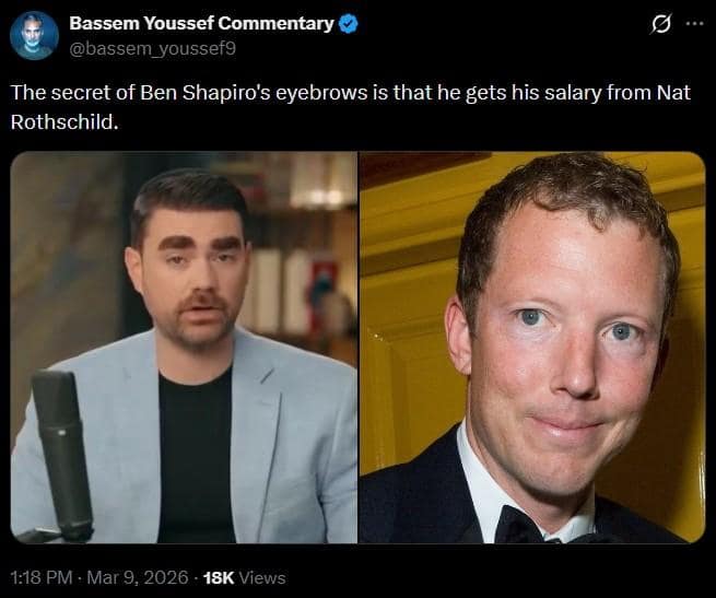 political satire tweet comparing a photo of Ben Shapiro’s blocky, filled-in eyebrows to a photo of Nat Rothschild, jokingly suggesting a conspiracy theory about the "secret" source of the look as part of the broader Ben Shapiro eyebrows meme trend.