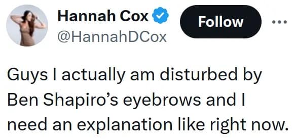 text-based Ben Shapiro eyebrows meme from verified user Hannah Cox, expressing genuine disturbance and demanding an immediate explanation for the commentator’s dramatic new facial grooming style.