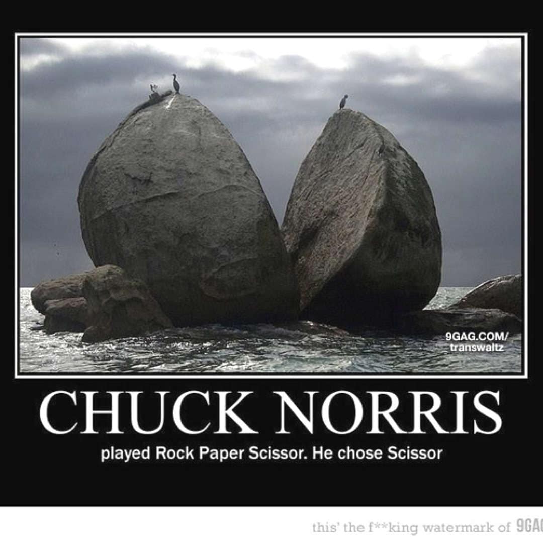 A dramatic photo of a massive coastal boulder perfectly sliced down the center. The text identifies this as the result of the best Chuck Norris meme logic: Chuck played Rock Paper Scissors and chose "Scissor."