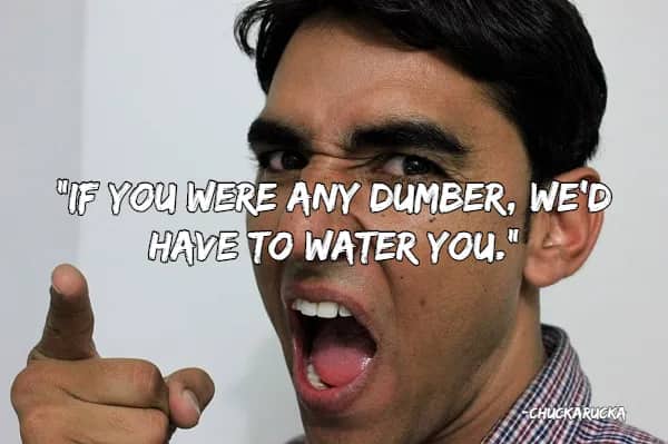 Angry man pointing at the camera with an insult about needing to be watered like a plant.