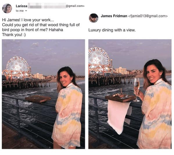 A best of James Fridman trolling edit where a woman asks to remove a bird-poop-covered wooden block on a pier railing, and James transforms it into a luxury dining setup complete with a steak, wine glass, and hanging cloth napkin.