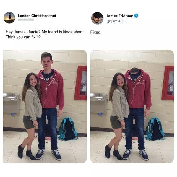 a best ofJames Fridman photoshop request. The original shows three friends posing in an empty field. The request is to "add something in front of us." The intrusive trolling result adds a massive, ugly, active industrial construction site directly in the foreground.