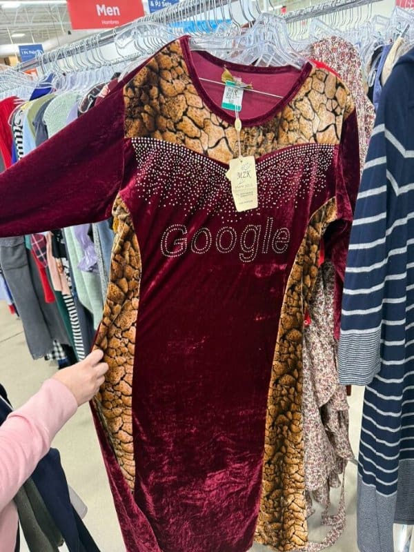 truly funny thrift store find consisting of a crushed-velvet maroon dress with giraffe-print side panels and the word "Google" emblazoned across the chest in silver rhinestones