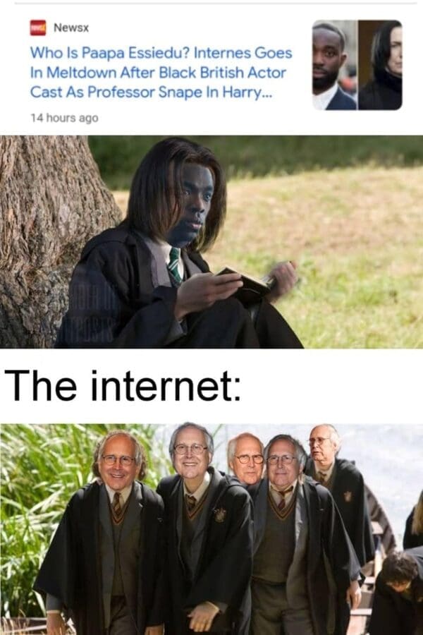 a news headline about Paapa Essiedu being cast as Professor Snape in a new series. Below the headline, an image shows the actor's face edited onto a student Snape sitting by a tree, followed by a reaction shot of several Pierce Hawthorne clones from Community representing "the internet" preparing for a collective meltdown.