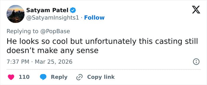 A conflicted black snape meme post by Satyam Patel on X. The user admits the actor "looks so cool" but concludes that "unfortunately this casting still doesn’t make any sense".