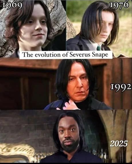 A visual black snape meme tracking the cinematic "Evolution of Severus Snape" across different years. It shows the child Snape from 1969, the teenage version from 1976, Alan Rickman's iconic 1992 portrayal, and ends with Paapa Essiedu's rumored 2025 version at the bottom.
