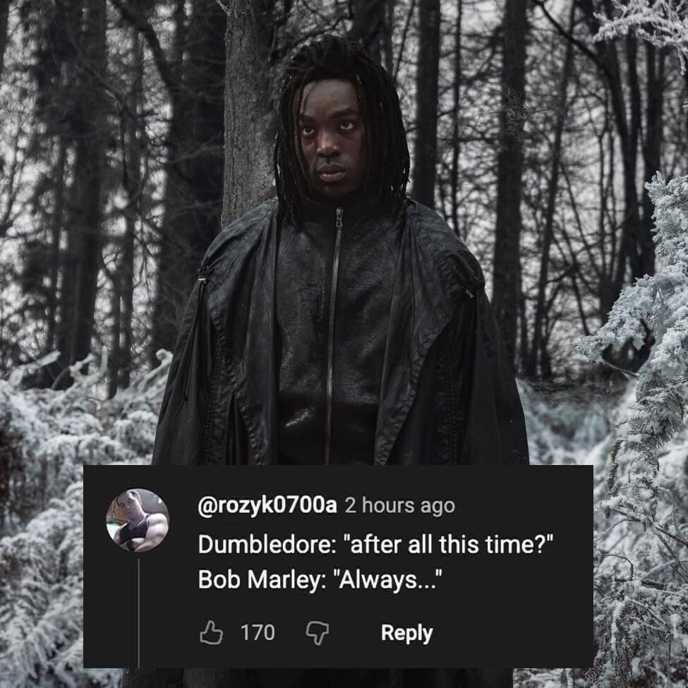 A surreal new snape meme featuring an edit of the actor as Snape with dreadlocks in a snowy forest. An overlaid YouTube comment from @rozyk0700a parodies the "Always" scene by replacing Snape with "Bob Marley," creating a weirdly chill vibe for the Dark Arts professor.