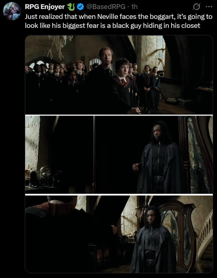 A viral-style black snape meme from RPG Enjoyer on X. The post features three panels from Prisoner of Azkaban where the actor is edited into the boggart scene, humorously pointing out that it would make it look like Neville's biggest fear is "a black guy hiding in his closet".