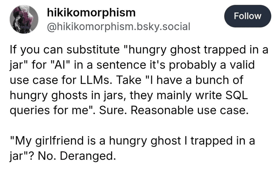 Humorous comparison suggesting "hungry ghost trapped in a jar" as a substitute for AI terminology.