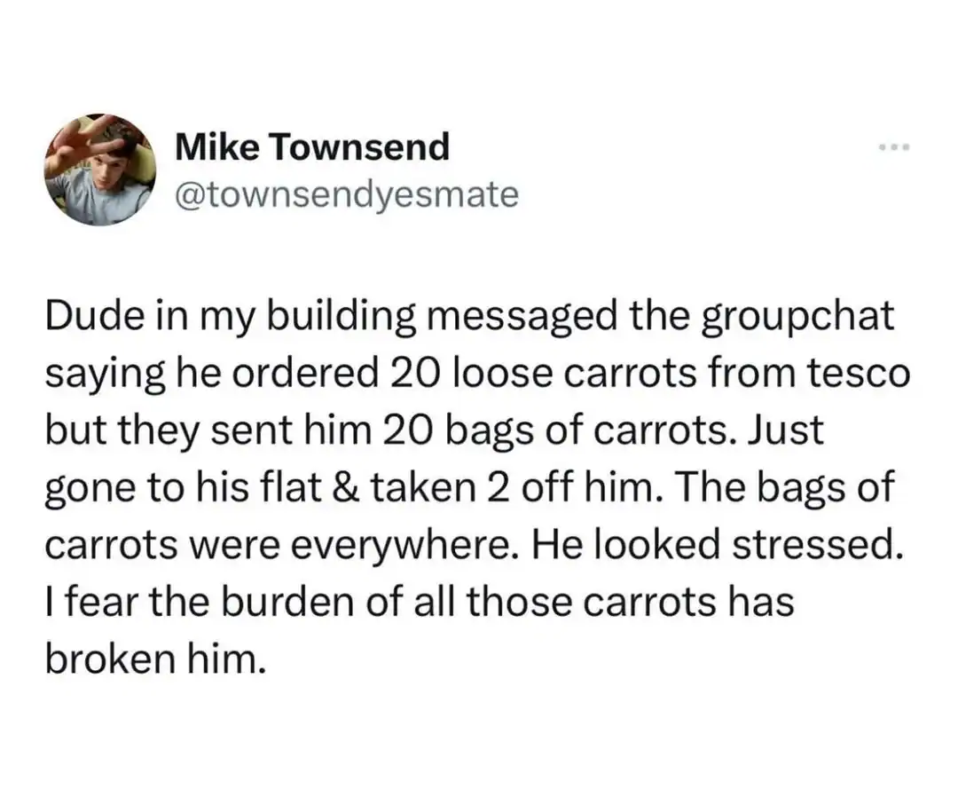Story about a man accidentally ordering twenty bags of carrots instead of individual loose carrots.