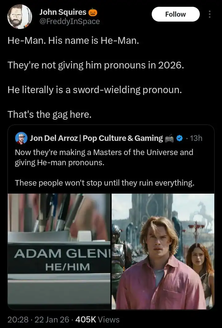 Commentary on He-Man movie nameplate joke regarding pronouns and the character's literal hero name.