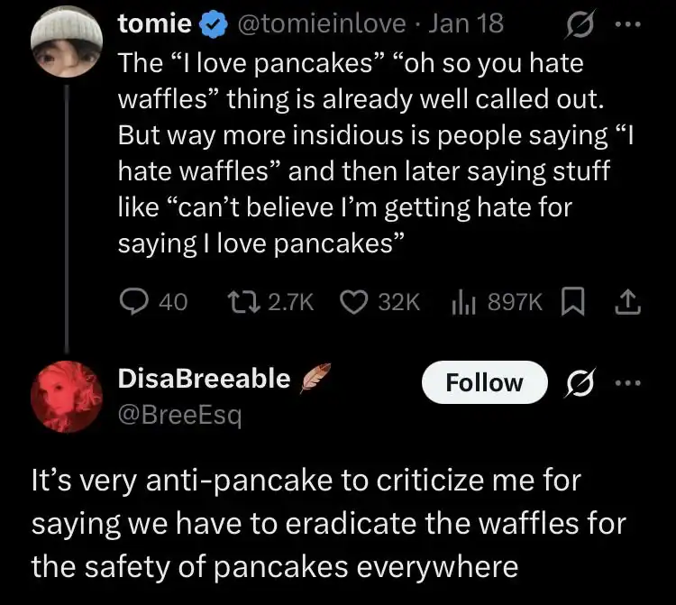 X post thread using pancakes and waffles to illustrate the absurdity of online discourse arguments.