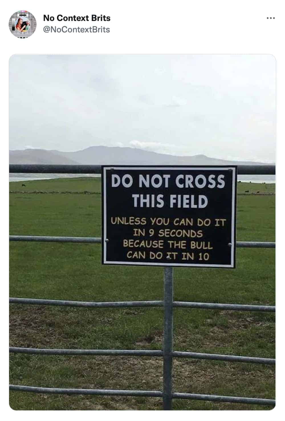 Funny British field warning sign says bull crosses it in ten seconds