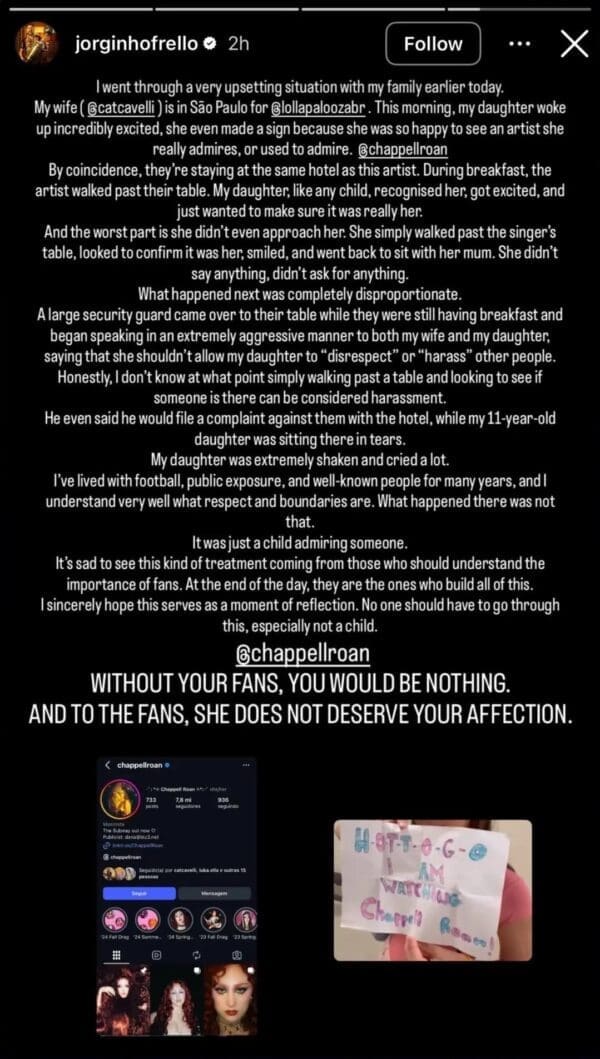 The catalyst for a viral Chappell Roan controversy: an Instagram story from footballer Jorginho (@jorginhofrello) detailing a "very upsetting situation." The text alleges Chappell Roan’s security aggressively berated his 11-year-old daughter for simply smiling at the singer in a hotel. It features a photo of the child holding a handmade "H-O-T-T-O-G-O" sign.