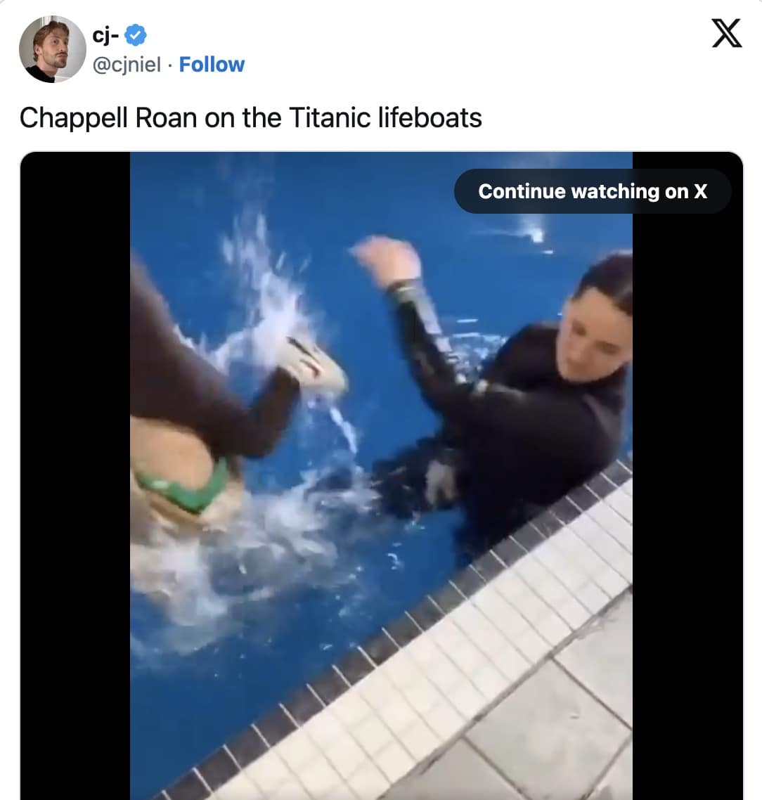 A chaotic Chappell Roan meme titled "Chappell Roan on the Titanic lifeboats." The visual is a low-quality video still of a woman in a wetsuit aggressively kicking a child away from the edge of a swimming pool.