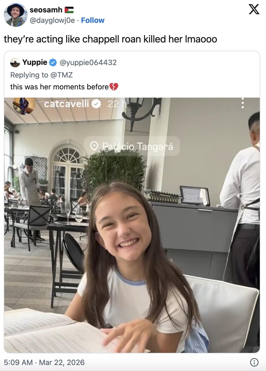 screenshot of a tweet from seosamh reacting to a photo of the 11-year-old girl smiling at the breakfast table before the incident. The caption reads, "they’re acting like chappell roan killed her lmaooo," highlighting the perceived over-dramatization of the story.