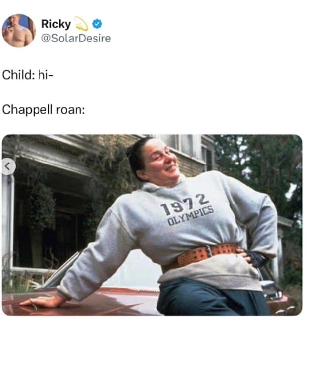 A savage Chappell Roan meme on X (Twitter). The caption reads "Child: hi— Chappell Roan:" followed by a photo of the villainous Miss Trunchbull from Matilda leaning menacingly against a car, implying a hostile attitude toward younger fans.