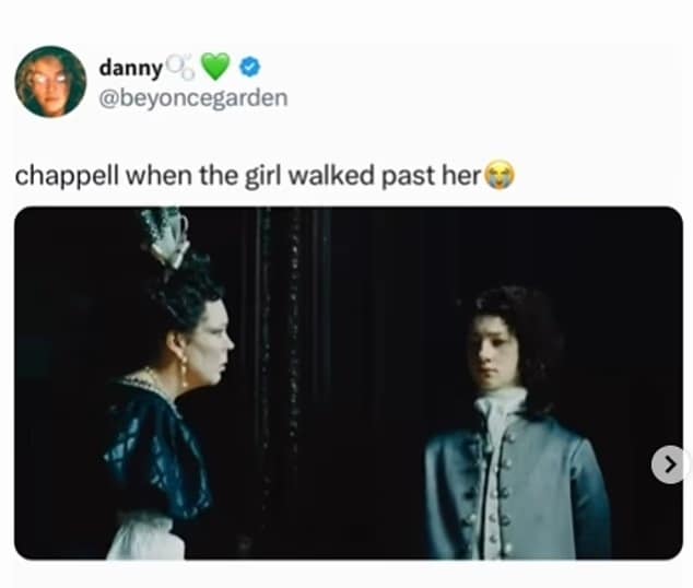A cinematic Chappell Roan meme mocking the "hotel harassment" claim. It features a still from The Favourite where Queen Anne (Olivia Colman) stares with cold, aristocratic disgust at a young page, captioned: "chappell when the girl walked past her 😭".
