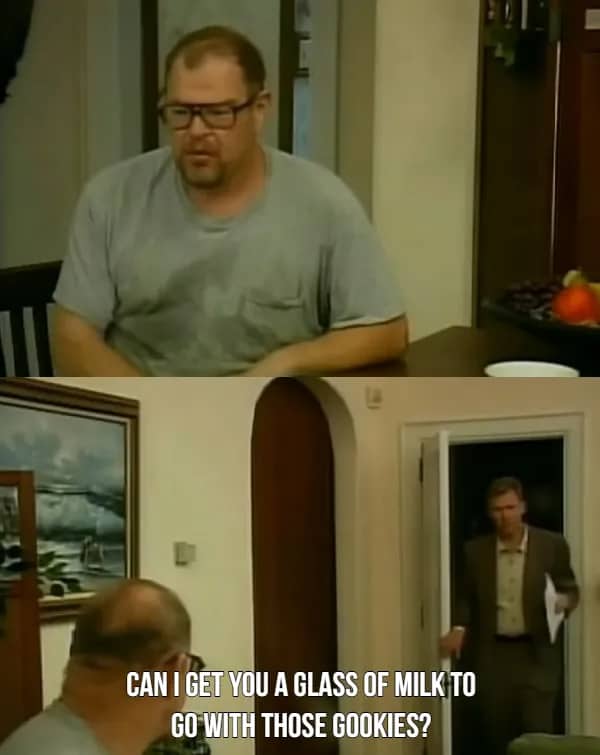 Chris Hansen entering a room asking a man about milk to go with his cookies.