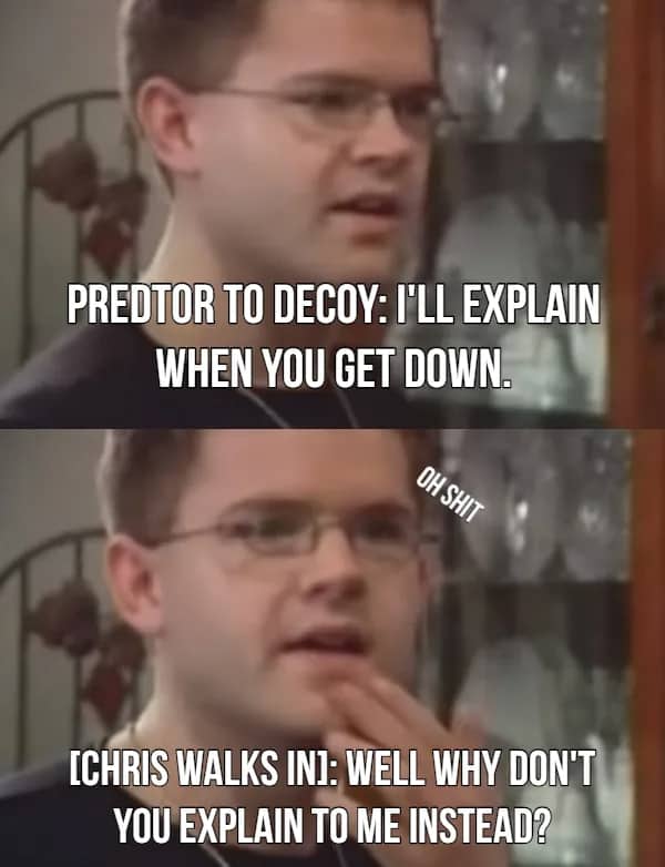 A man with glasses being told by Chris Hansen to explain his actions to him instead.