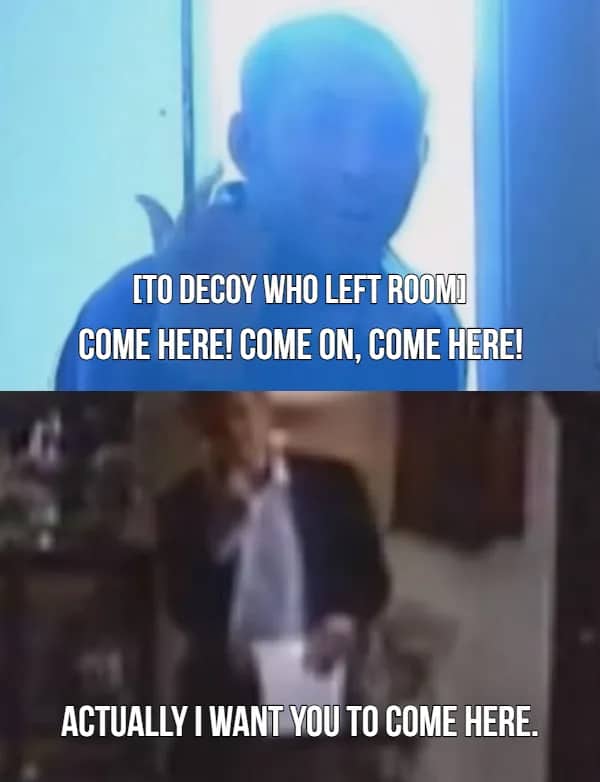 Chris Hansen interrupting a suspect who is calling for a decoy to come back into the room.