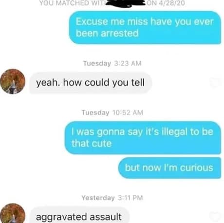 A classic meme featuring a chaotic Tinder exchange where a guy attempts a smooth pickup line about it being illegal to be so cute, only for the girl to casually confess to actual aggravated assault, a staple of wild old memes.