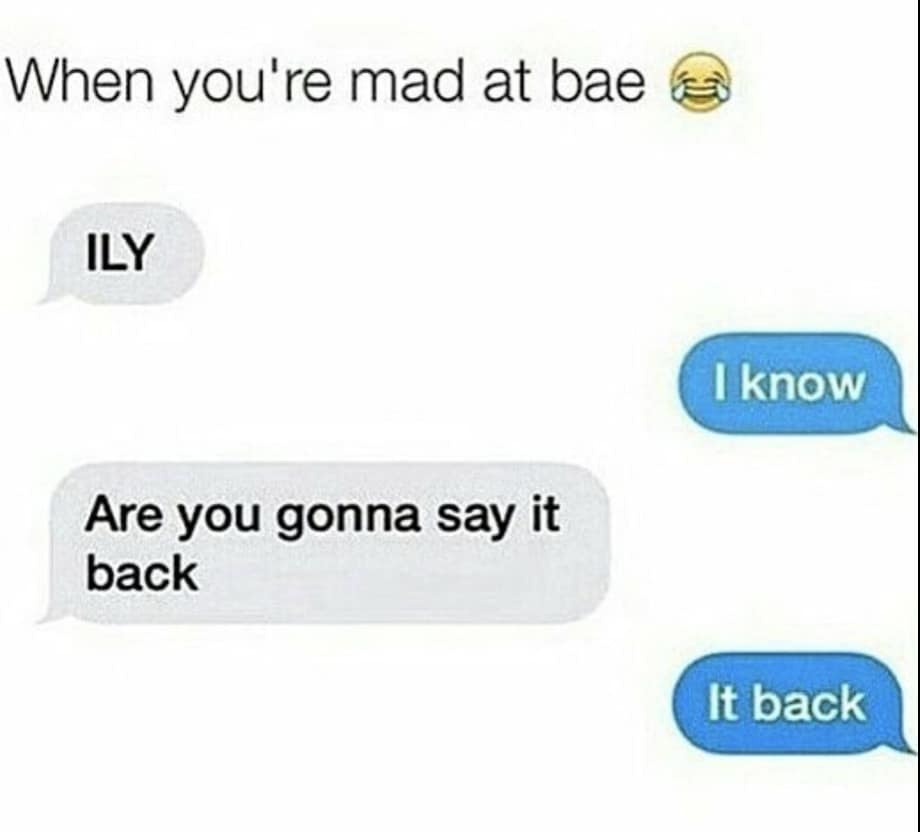 A petty relationship classic meme featuring a hilarious text exchange where someone demands their partner say it back after an I love you, only to literally receive the words It back, wrapping up these old memes.