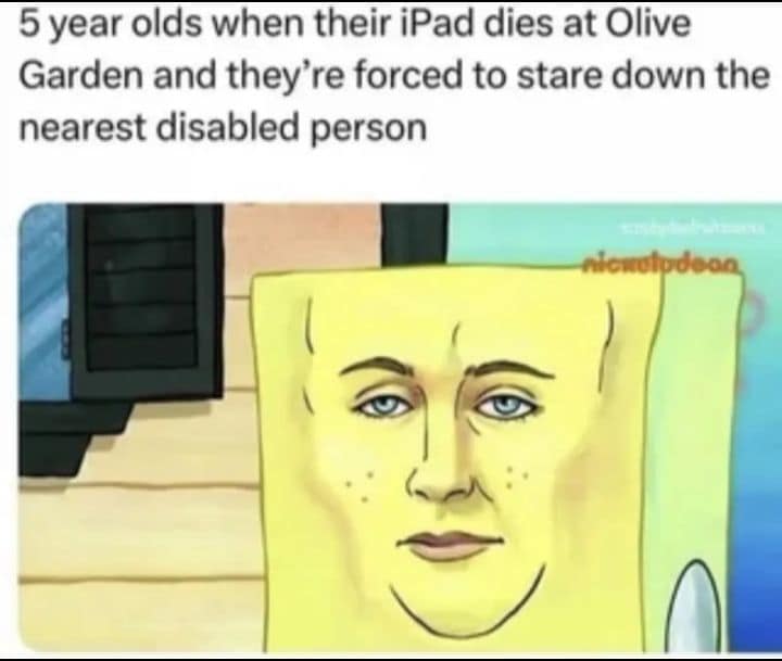 dark humor classic meme using a highly detailed, intense SpongeBob face to perfectly represent the completely unbothered stare of a five-year-old whose iPad just died at an Olive Garden, a wild highlight from the vault of old memes.