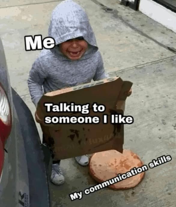 classic meme showing a small child crying while struggling to hold a massive pizza box that is entirely crushed, dropping the pizza onto the dirty sidewalk, symbolizing terrible communication skills when talking to a crush.