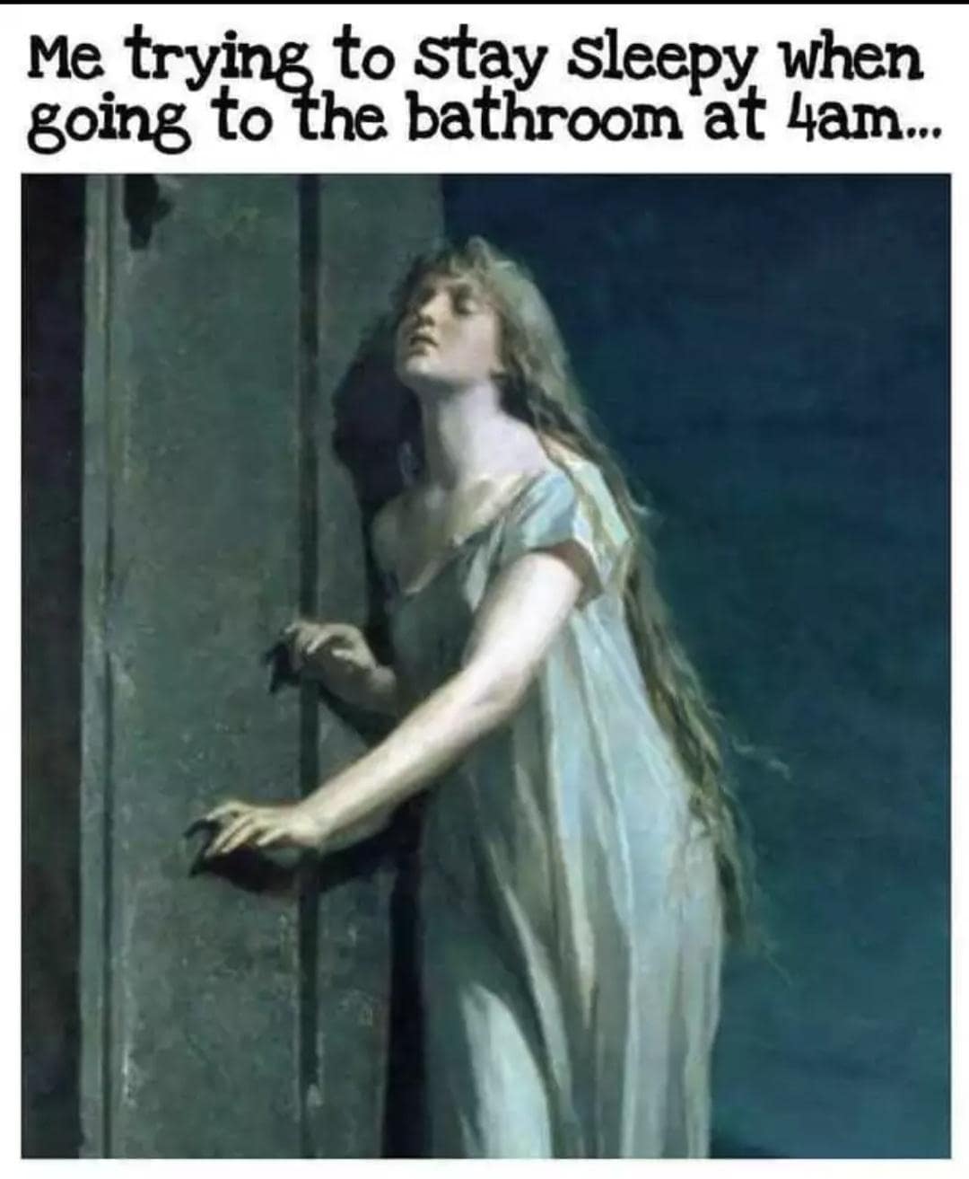 The relatable struggle of navigating a hallway while half-asleep is captured in this classic meme using a dramatic classical painting of an exhausted woman in a nightgown