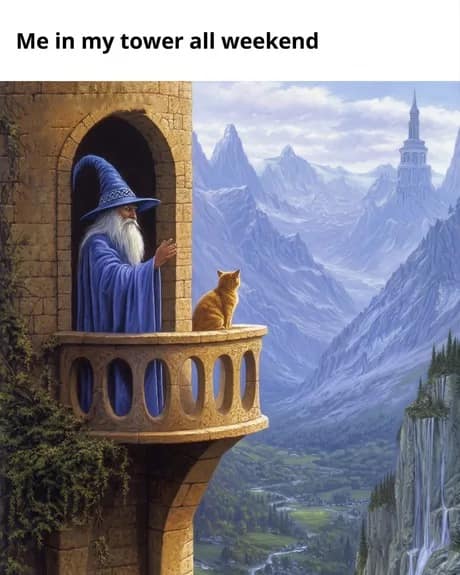introvert classic meme showing a beautiful fantasy painting of an old wizard standing on a high stone balcony with his orange cat, perfectly summarizing the ideal weekend plans of simply staying in your tower alone.